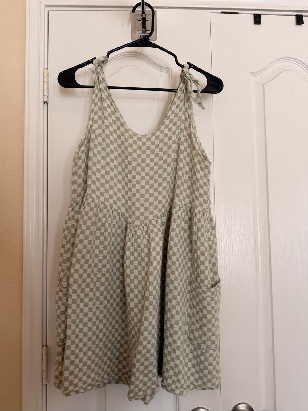 Rylee + Cru Sage Green and Cream Check Tie-Shoulder Dress